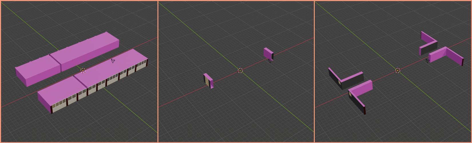 Left: the main unit. The first flat is mirrored compared to the other two, then the whole group is mirrored along the Y axis. Middle: the stairwell, mirrored along the X axis. Right: the corners, mirrored along both X and Y axes