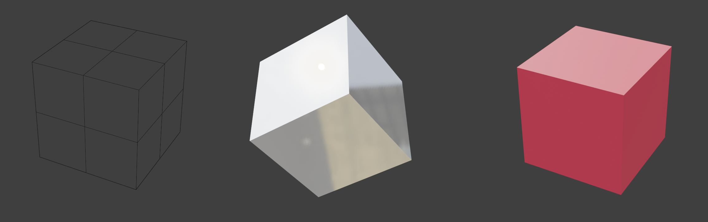 Some materials used to render a cube- wireframe, shiny, and red