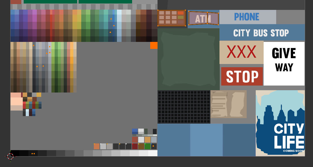 Each orange dot / area is a face on the model above, indicating where the face should get its texture from. You can see the only bit that hasn't been forced onto a single colour is the bit that says 'ATM'