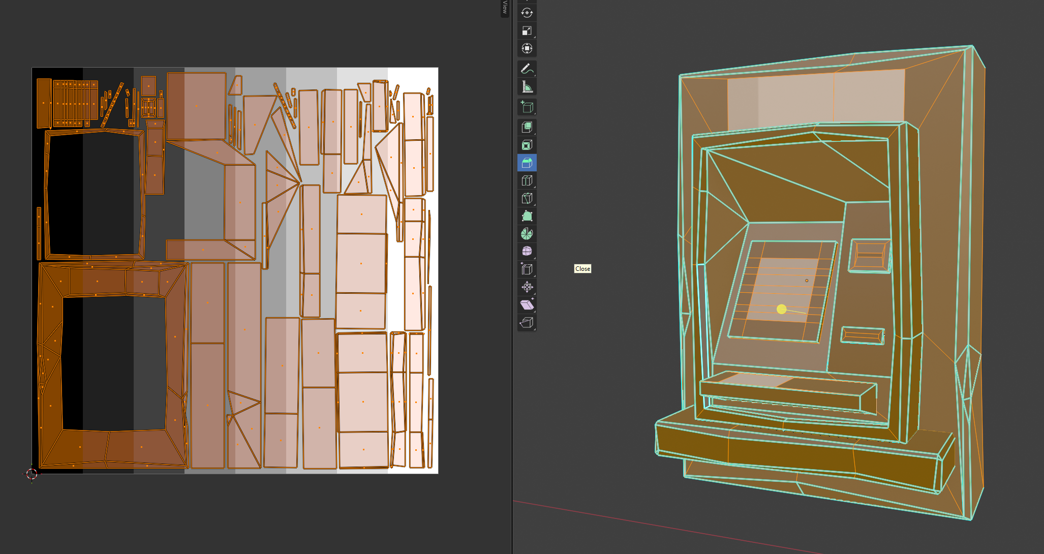 Again, each orange area on the left represents a face on the 3D model on the right